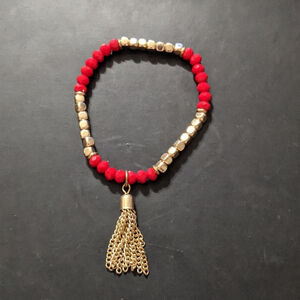 RED and Gold Tone Beaded Chain Fringe Tassel Stretchy Elastic Statement Bracelet